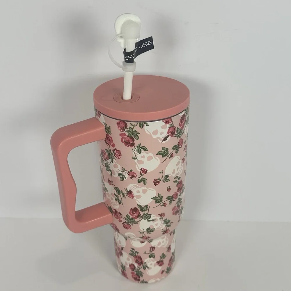 Betsey Johnson Skull Rose Pink 30oz Tumbler Handle Straw Insulated